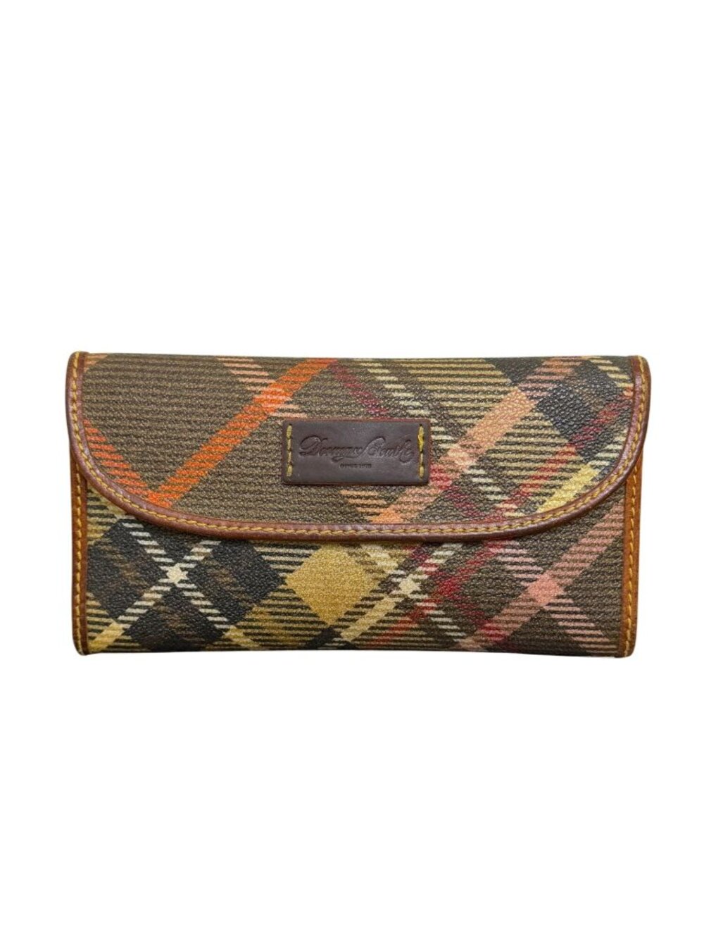 Dooney & Bourke Vintage Plaid Wallet Brown Multi Leather Canvas Snap Closure AS